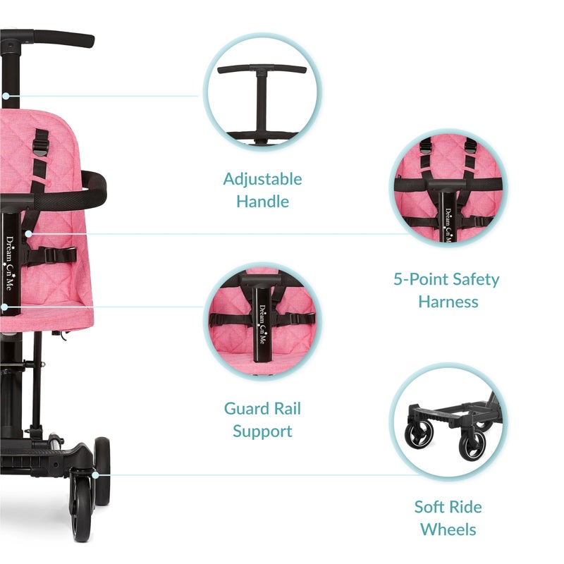 Dream On Me Coast Rider Travel Stroller, Lightweight & Compact Baby Stroller, Theme Park Approved, Book-Folding Design, Adjustable Handle, Soft-Ride Wheels, Converts to Rider & Scooter - Pink - Image 4