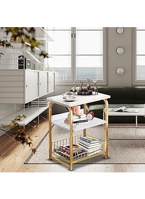 BLURISM BLURISM Sofa Side Table Slim Side Table for Small Space Farmhouse Narrow Sofa Side Table wShelf and Drawer Simple Design Sofa Side TableGold White Small Nightstand Bedside Table for Living Room  - Image 3