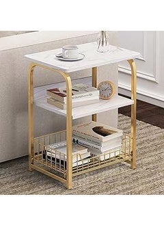 BLURISM Sofa Side Table Slim Side Table for Small Space Farmhouse Narrow Sofa Side Table wShelf and Drawer Simple Design Sofa Side TableGold White Small Nightstand Bedside Table for Living Room