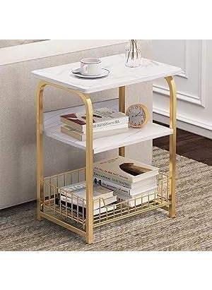 BLURISM BLURISM Sofa Side Table Slim Side Table for Small Space Farmhouse Narrow Sofa Side Table wShelf and Drawer Simple Design Sofa Side TableGold White Small Nightstand Bedside Table for Living Room  - Image 1
