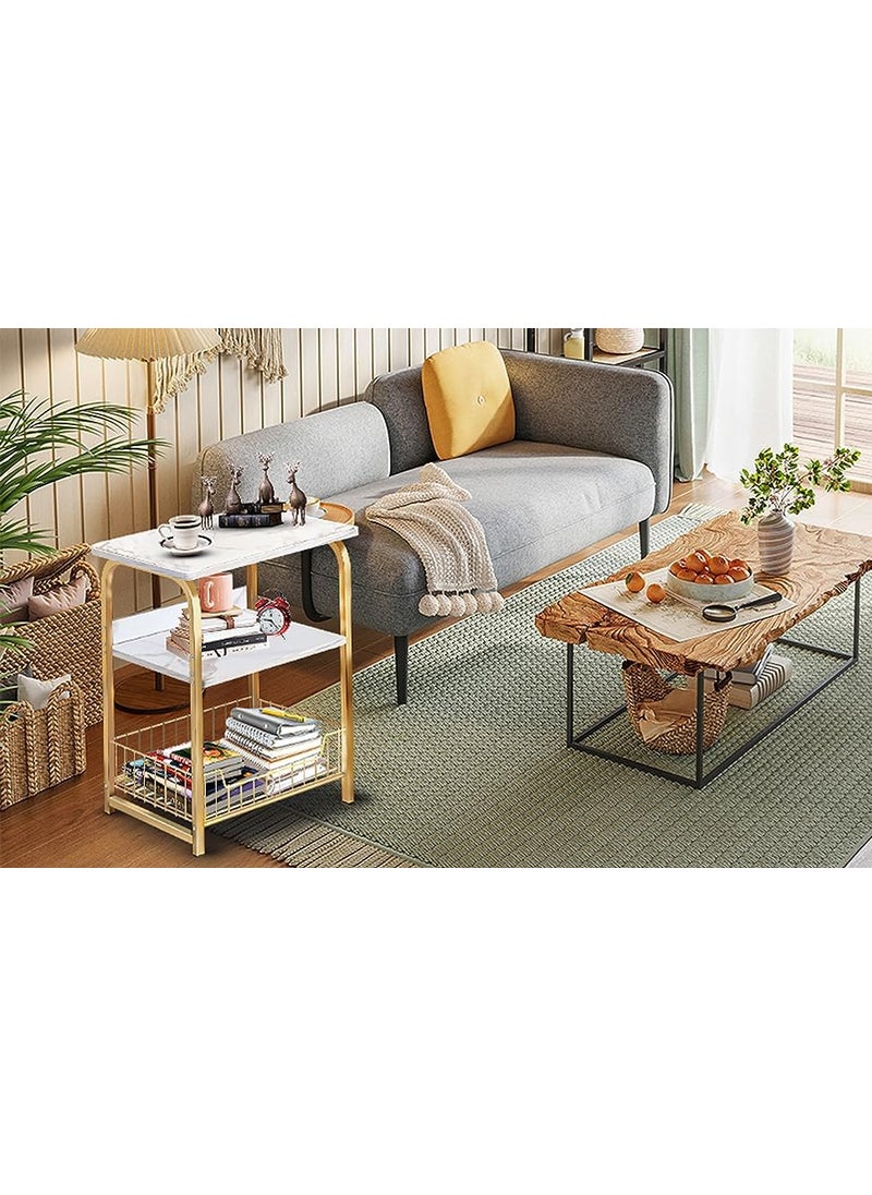 BLURISM BLURISM Sofa Side Table Slim Side Table for Small Space Farmhouse Narrow Sofa Side Table wShelf and Drawer Simple Design Sofa Side TableGold White Small Nightstand Bedside Table for Living Room  - Image 4