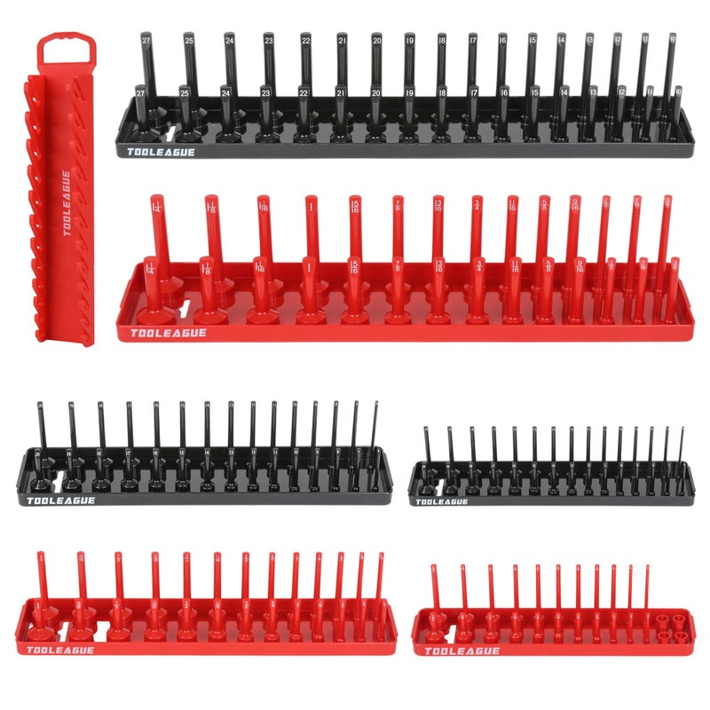 TOOLEAGUE 7Pcs Socket Organizer Tray and Magnetic Wrench Holder Set,Red SAE & Black Metric, 1/2", 1/4", 3/8" Socket Storage Trays for Tool Box Drawer - Image 1