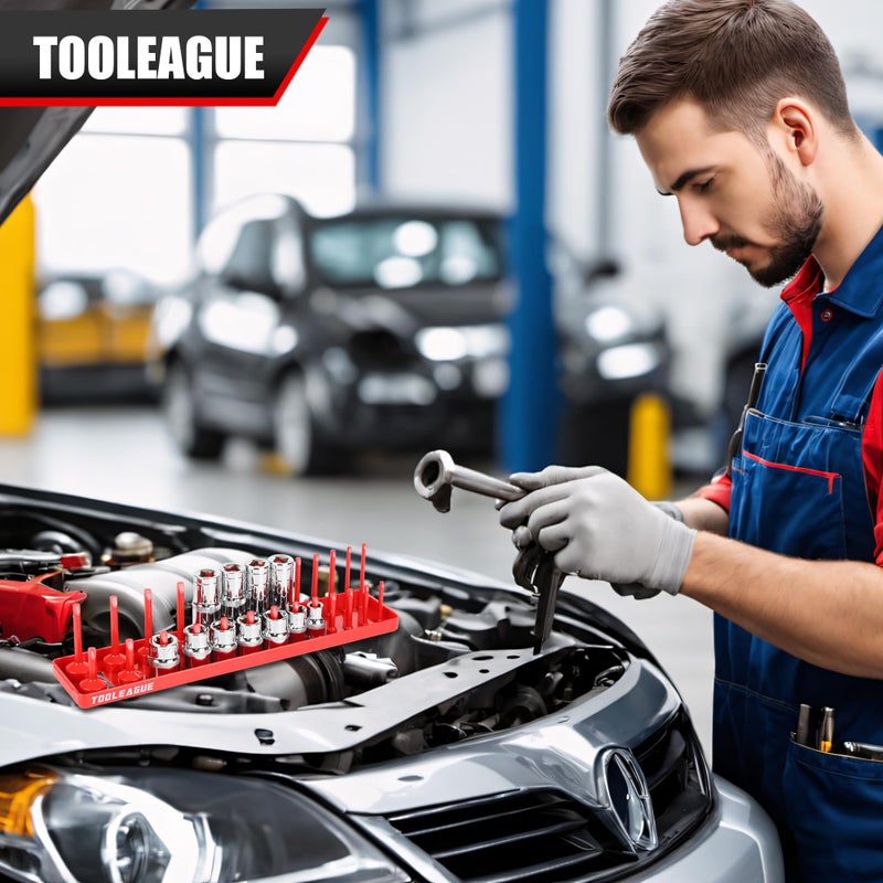 TOOLEAGUE 7Pcs Socket Organizer Tray and Magnetic Wrench Holder Set,Red SAE & Black Metric, 1/2", 1/4", 3/8" Socket Storage Trays for Tool Box Drawer - Image 5