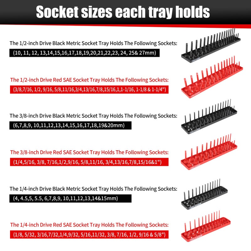 TOOLEAGUE 7Pcs Socket Organizer Tray and Magnetic Wrench Holder Set,Red SAE & Black Metric, 1/2", 1/4", 3/8" Socket Storage Trays for Tool Box Drawer - Image 3