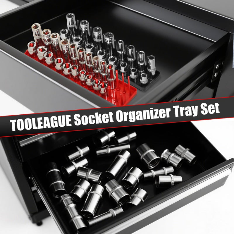 TOOLEAGUE 7Pcs Socket Organizer Tray and Magnetic Wrench Holder Set,Red SAE & Black Metric, 1/2", 1/4", 3/8" Socket Storage Trays for Tool Box Drawer - Image 4