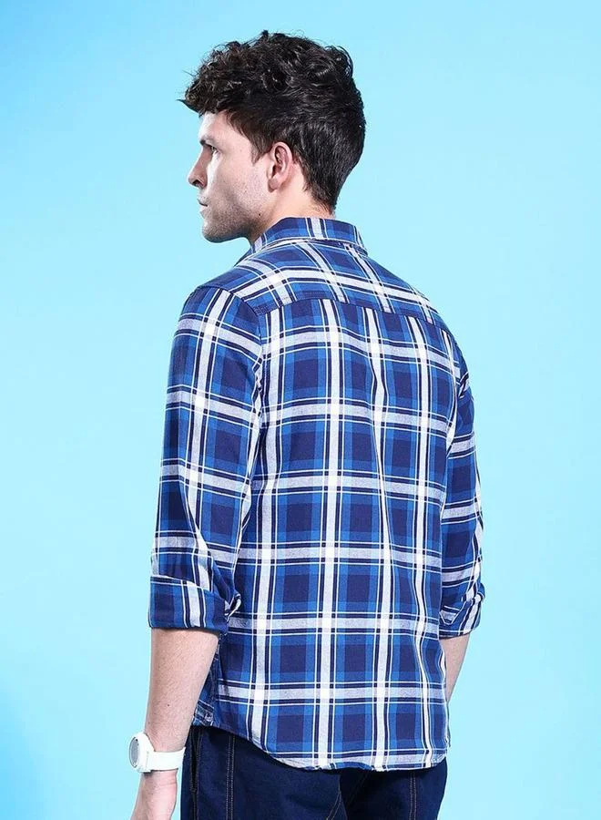 The Indian Garage Co The Indian Garage Co Men Blue Plaid Spread Collar Shirt