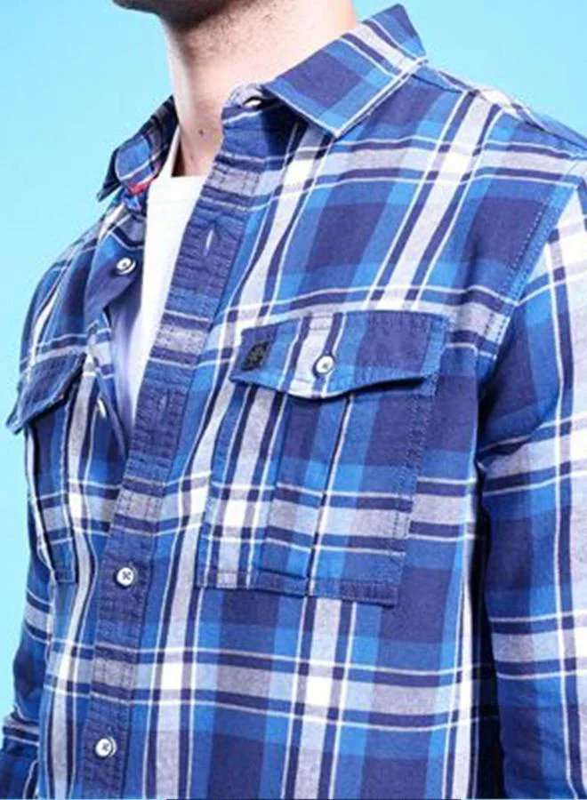The Indian Garage Co The Indian Garage Co Men Blue Plaid Spread Collar Shirt