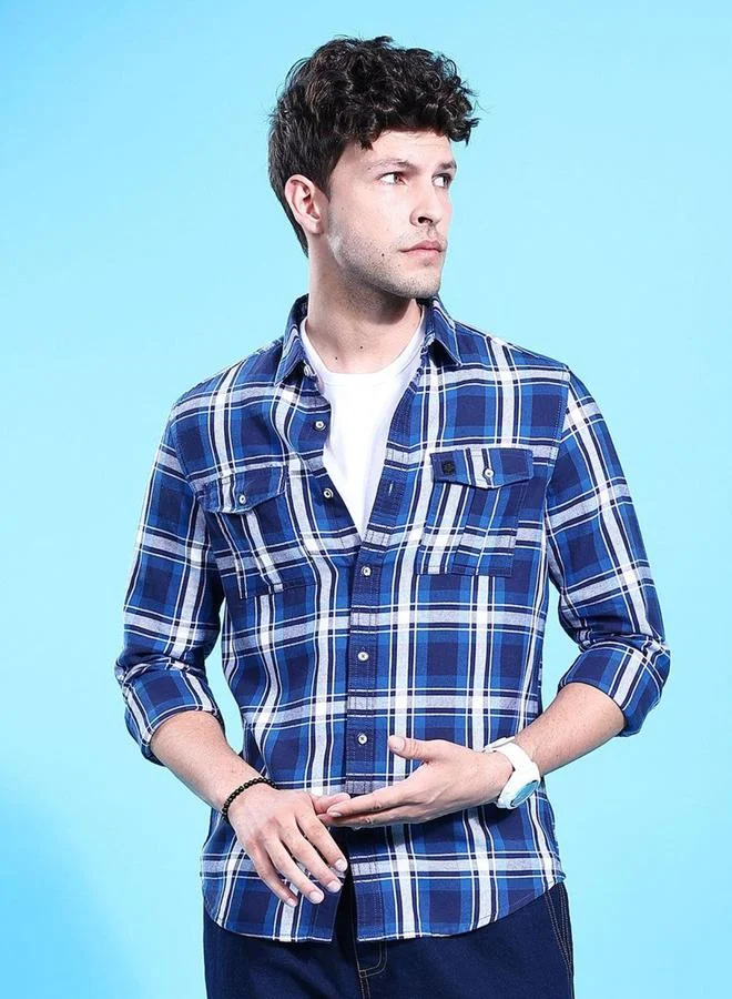 The Indian Garage Co The Indian Garage Co Men Blue Plaid Spread Collar Shirt