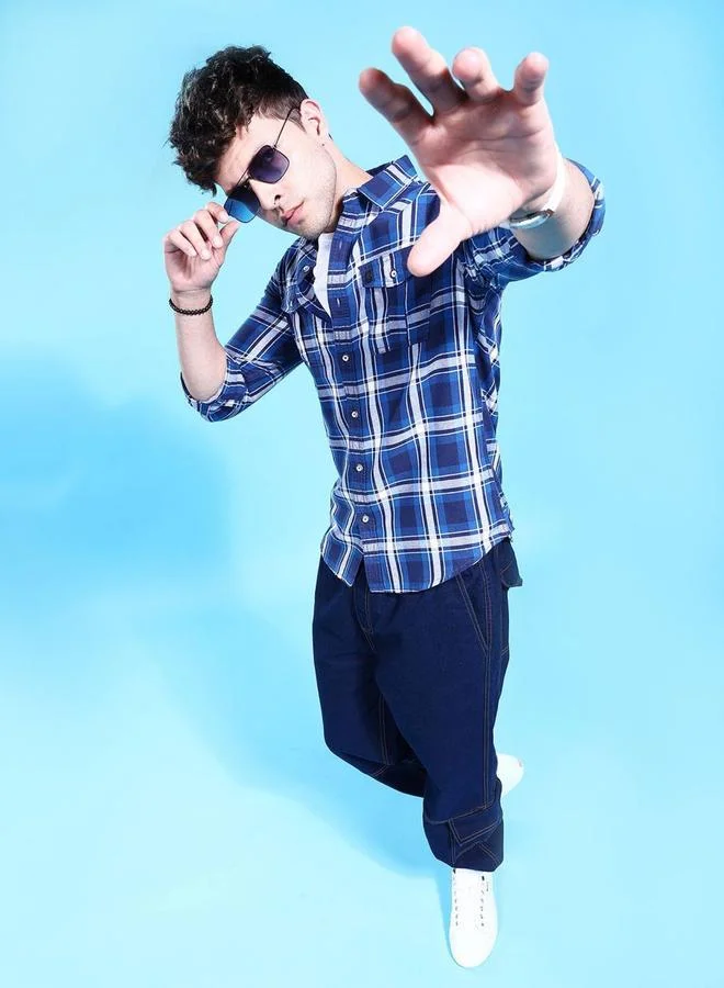 The Indian Garage Co The Indian Garage Co Men Blue Plaid Spread Collar Shirt
