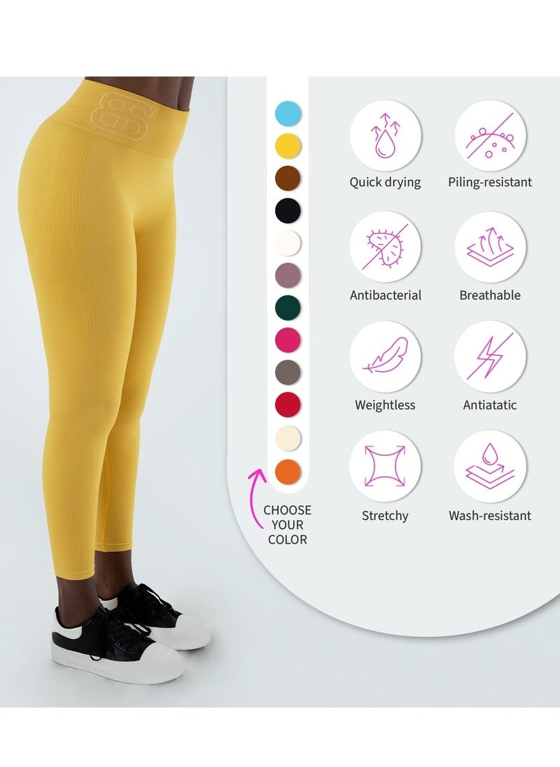 Bernessi - Turkey Nylon Sports Leggings for Women High Waisted Ladies Workout Running Fitness Yoga Gym Pants with Tummy Control Textured Yellow Pollen - Image 1