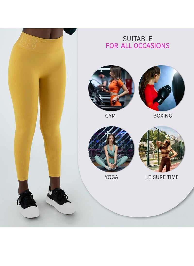 Bernessi Turkey Nylon Sports Leggings for Women High Waisted Ladies Workout Running Fitness Yoga Gym Pants with Tummy Control Textured Yellow Pollen  - Image 5