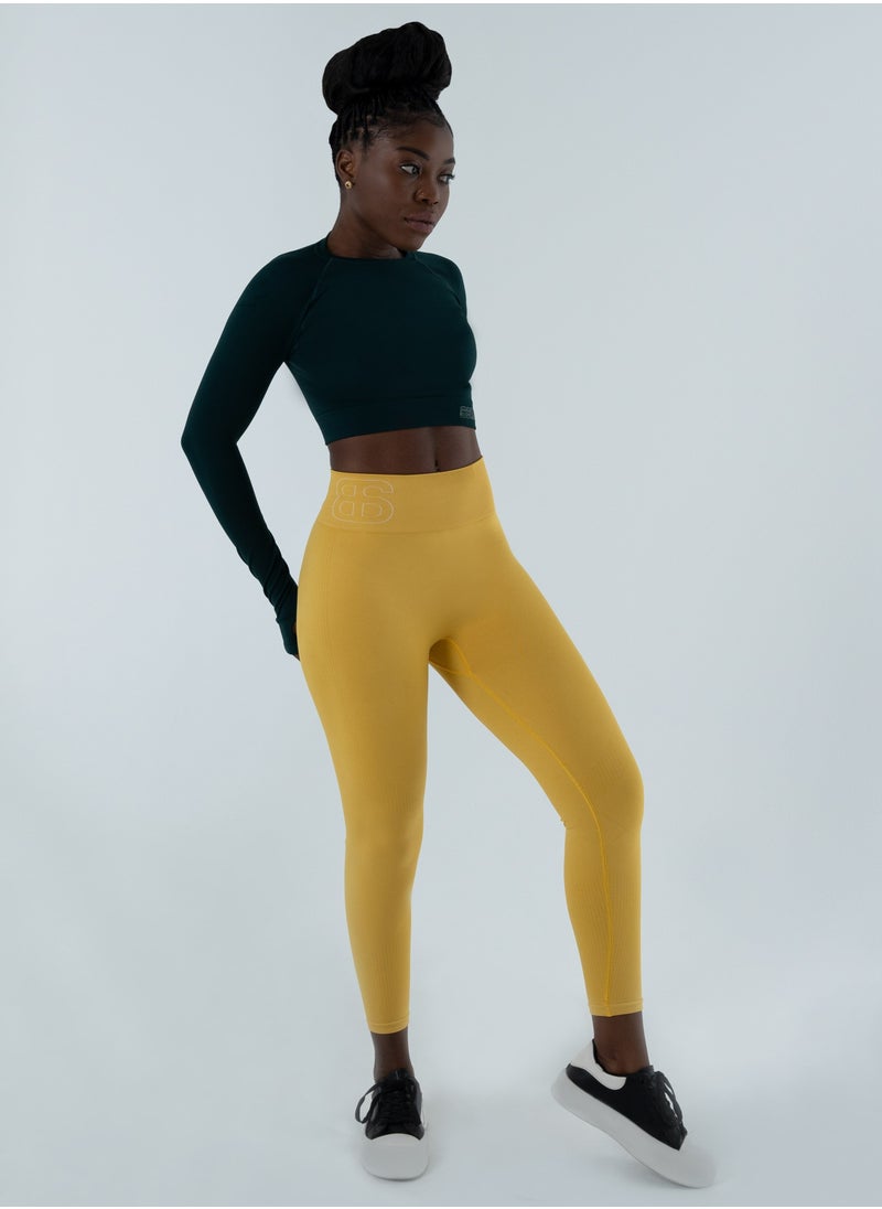Bernessi Turkey Nylon Sports Leggings for Women High Waisted Ladies Workout Running Fitness Yoga Gym Pants with Tummy Control Textured Yellow Pollen  - Image 4