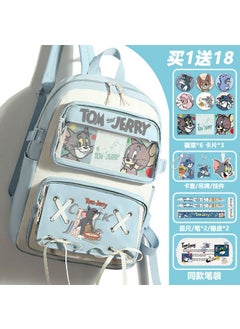 Cartoon Tom Jerry Anime School Bag Large Capacity Nylon Womens Backpack For Junior Senior High School Students Blue B -18-piece set