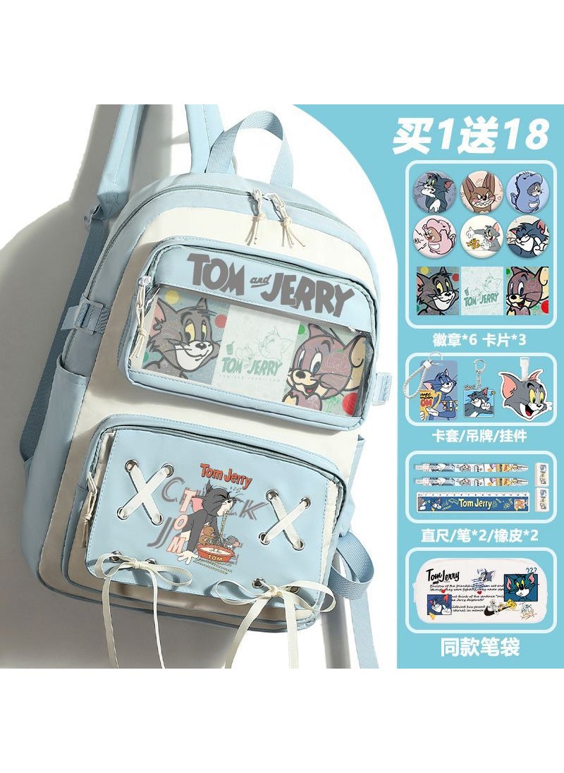 Generic - Cartoon Tom Jerry Anime School Bag Large Capacity Nylon Womens Backpack For Junior Senior High School Students Blue B -18-piece set - Image 1