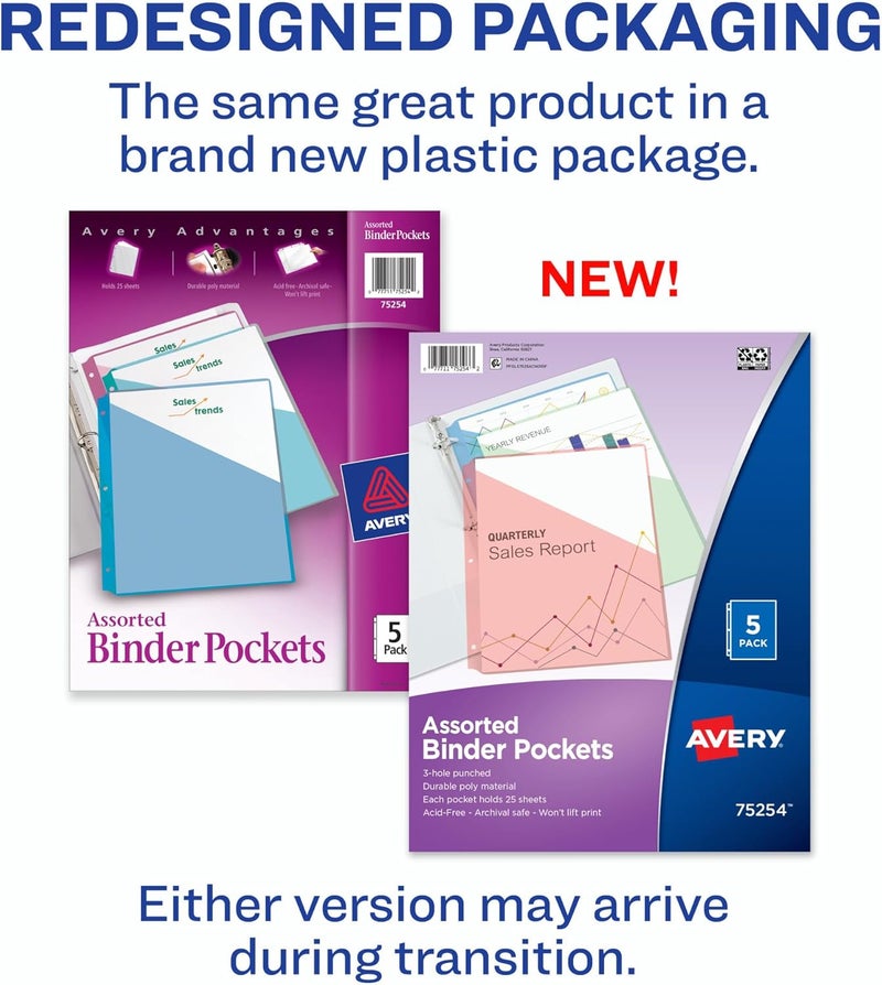 AVERY Binder Pockets for 3 Ring Binders, Assorted Colors, for 8.5" x 11" Documents, Acid-Free and Archival-Safe, 5 Folders per Pack, 60 Total (12 Packs of 75254) - Image 2