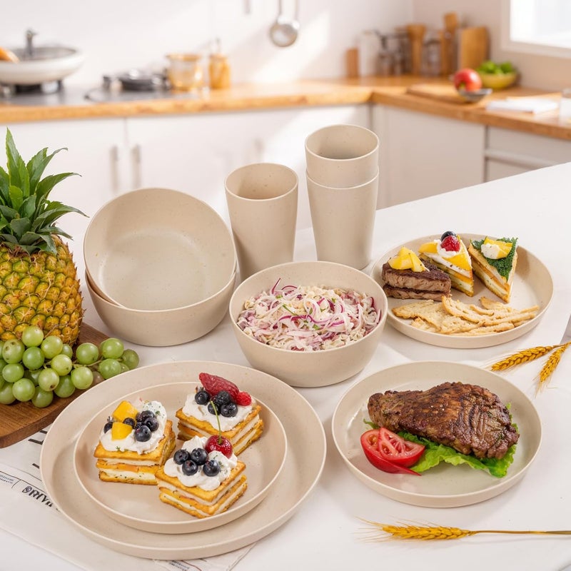 ejonirinjonir EI 24pcs Wheat Straw Dinnerware SetBeige Wheat Straw PlatesPlastic Plates Reusable UnbreakableDeep Dinner Hard Premium Plastic PlatesKitchen Plates for CampingPicnincFamily Dinner - Image 4