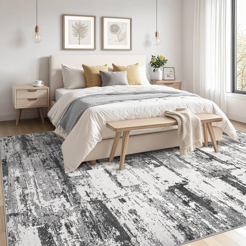 Jessibou Area Rugs for Living Room: 8x10 Abstract Washable Rug Modern Neutral Large Soft Stain Resistant Non-Slip Backing Machine Table for Bedroom Dining Room Indoor Home Office Carpet - Black Grey - Image 3