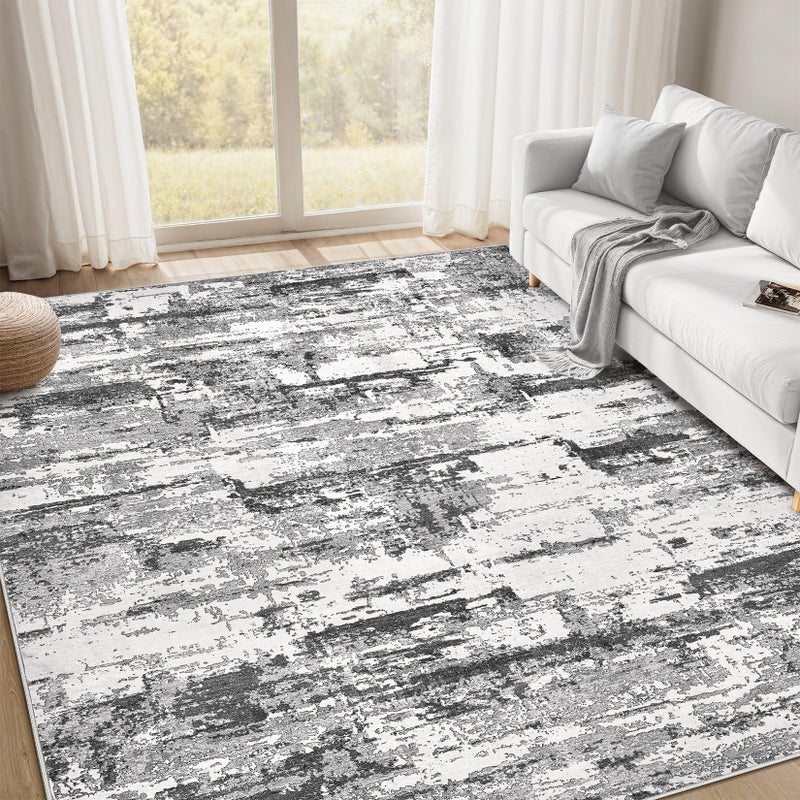 Jessibou Area Rugs for Living Room: 8x10 Abstract Washable Rug Modern Neutral Large Soft Stain Resistant Non-Slip Backing Machine Table for Bedroom Dining Room Indoor Home Office Carpet - Black Grey - Image 1