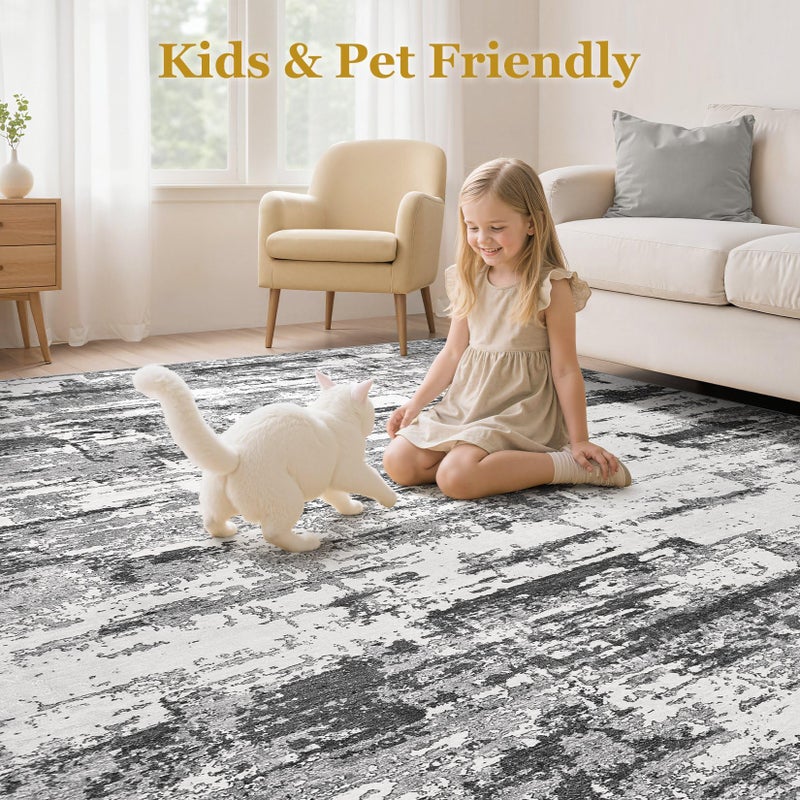 Jessibou Area Rugs for Living Room: 8x10 Abstract Washable Rug Modern Neutral Large Soft Stain Resistant Non-Slip Backing Machine Table for Bedroom Dining Room Indoor Home Office Carpet - Black Grey - Image 5