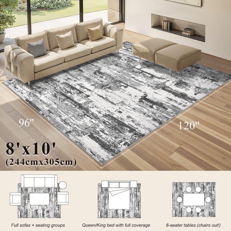 Jessibou Area Rugs for Living Room: 8x10 Abstract Washable Rug Modern Neutral Large Soft Stain Resistant Non-Slip Backing Machine Table for Bedroom Dining Room Indoor Home Office Carpet - Black Grey - Image 2