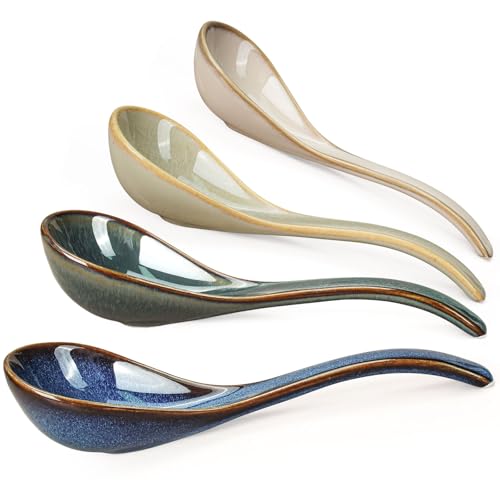 Artena Chinese Soup Spoons Ceramic Asian Spoons with Deep Arc AntiRoll Design 685 Inch Set of 4 Perfect for Ramen Pho Wonton Soup as Japanese Soup Spoon Korean Spoon Earth Tones - Image 1