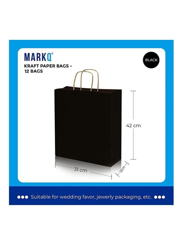MARKQ - Black Paper bags with handles 42 x 31 x 12 cm Large Kraft Gift bags for Birthday Party Favors, Candy, Weddings, Merchandise, Christmas (12 Bags) - Image 1