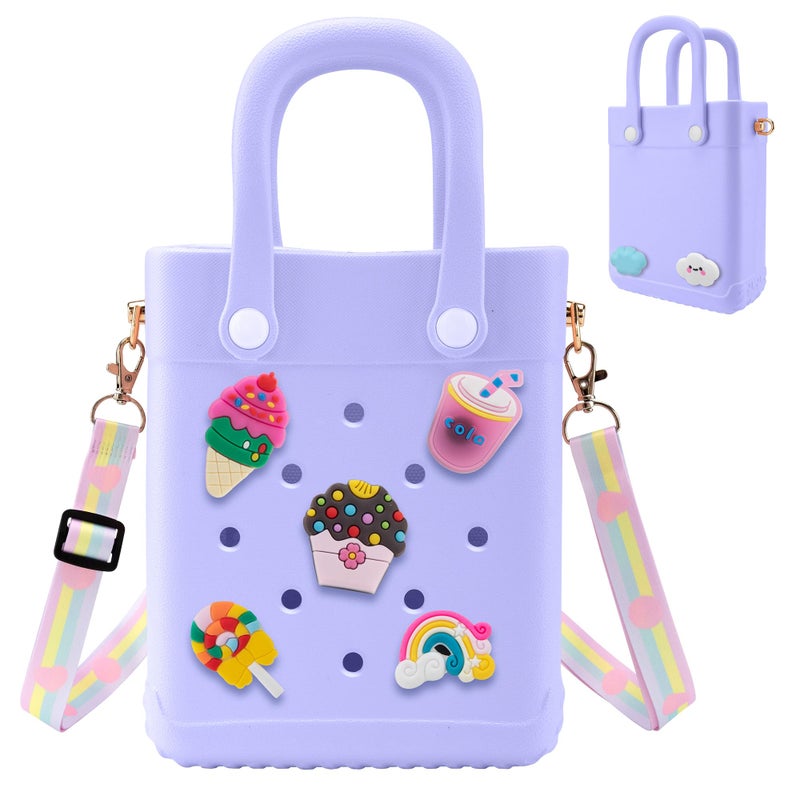 BKFOLIUM Mini Rubber Tote Bag, EVA Beach Tote with 30 Charms, Cute Bag for Little Girl & Women with Adjustable Shoulder Strap (Purple) - Image 1