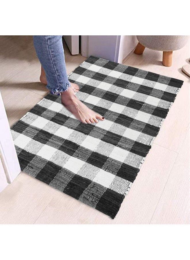 GLAMBURG - Cotton Buffalo Check Plaid Rugs Washable Handwoven Checkered Rug Welcome Door Mat 22X34 Rug For Kitchen Bathroom Outdoor Porch Laundry Living Room Farmhouse Reversible Rag Rug Black White - Image 1