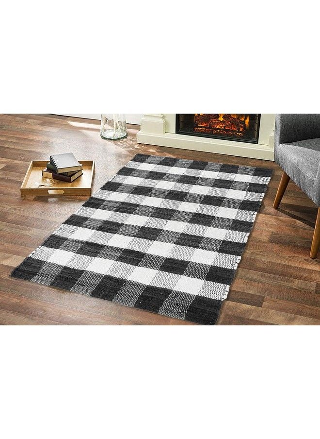 GLAMBURG - Cotton Buffalo Check Plaid Rugs Washable Handwoven Checkered Rug Welcome Door Mat 22X34 Rug For Kitchen Bathroom Outdoor Porch Laundry Living Room Farmhouse Reversible Rag Rug Black White - Image 1