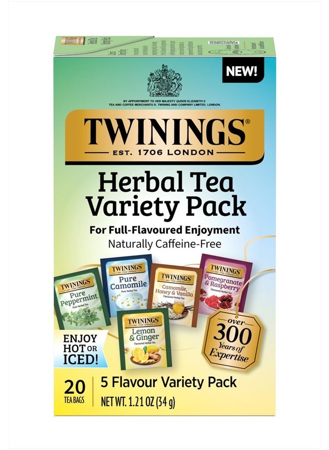 Twinings Herbal Tea Variety Pack, 20 Count (Pack of 6), Formerly Assorted Herbal, Includes 5 Flavours, Naturally Caffeine-Free, Enjoy Hot or Iced | Packaging May Vary  - Image 1