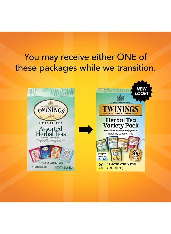 Twinings Herbal Tea Variety Pack, 20 Count (Pack of 6), Formerly Assorted Herbal, Includes 5 Flavours, Naturally Caffeine-Free, Enjoy Hot or Iced | Packaging May Vary  - Image 2