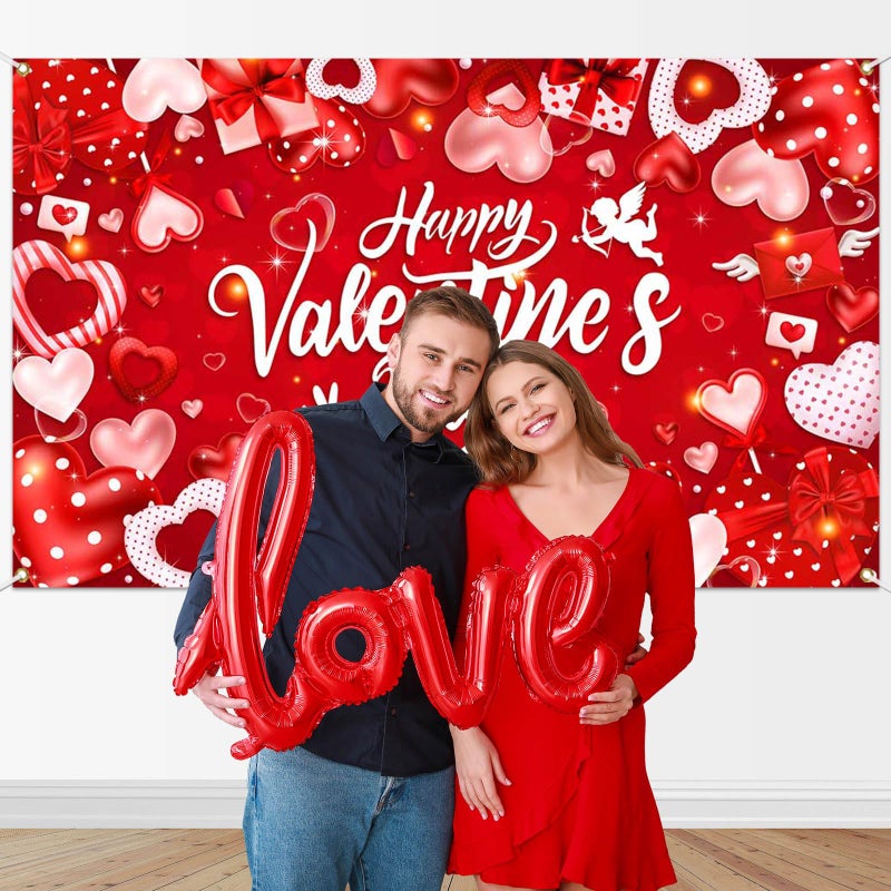 Mocsicka Happy Valentines Day Banner Backdrop Romantic Hearts Love Cupid Valentines Day Party Banner Decorations Sweet Couple Red Love Photography Backgrounds (6x3.6ft) - Image 2