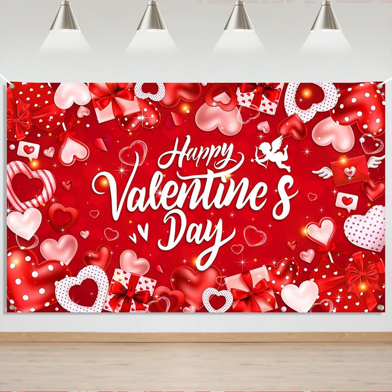 Mocsicka Happy Valentines Day Banner Backdrop Romantic Hearts Love Cupid Valentines Day Party Banner Decorations Sweet Couple Red Love Photography Backgrounds (6x3.6ft) - Image 1