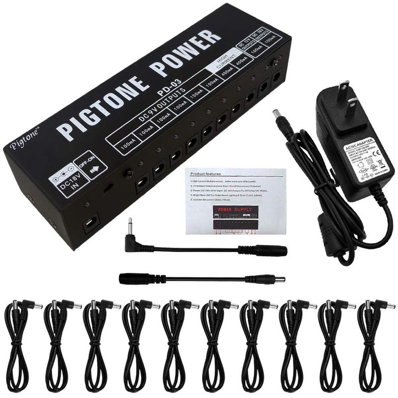 pigtone Guitar Effect Pedal Power Supply 10 Independent DC Outputs Suitable for 9V 12V 18V 100mA 400mA Short Circuit and Over Current Protection PD03