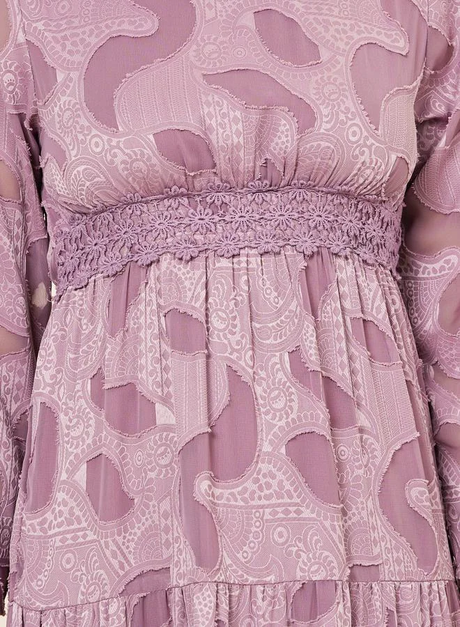 Styli Burnout Texture Lace Detail Tiered Maxi Dress