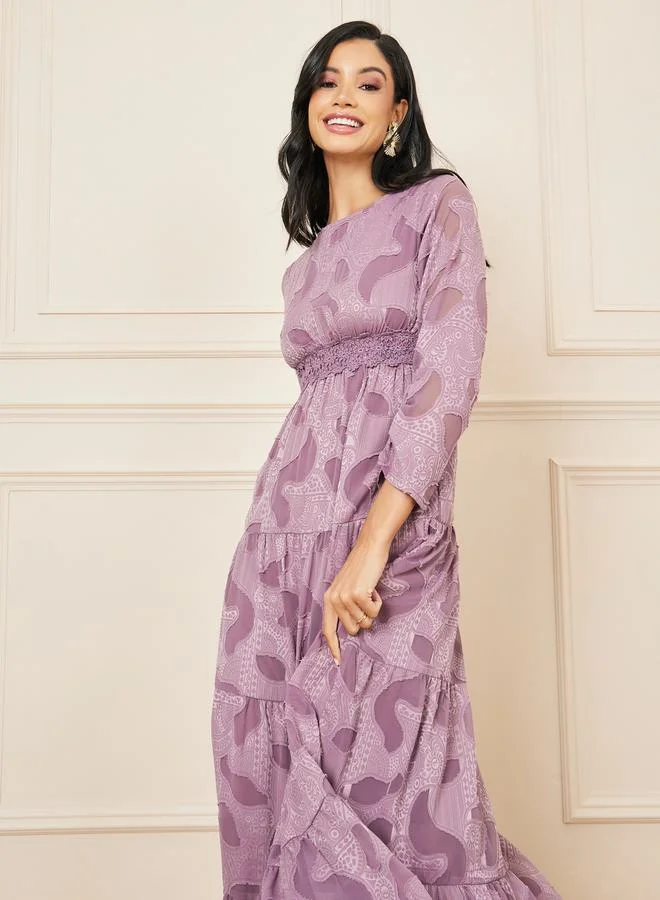 Styli Burnout Texture Lace Detail Tiered Maxi Dress