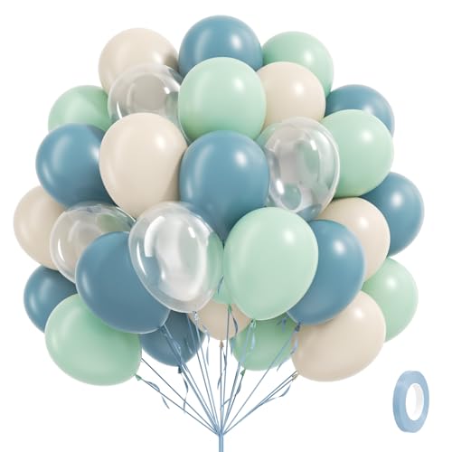 Leraqertra 60pcs Under the Sea Balloons 12inch Blue and Green Balloons with Dusty Blue Pastel Teal Sand White Clear Balloon for Under the Sea Beach Ocean Pool Themed Baby Shower Birthday Party Decorations - Image 1