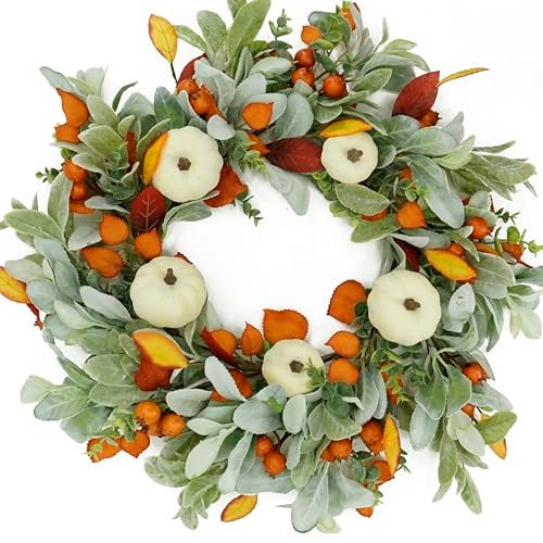 AMF0RESJ Artificial Fall Wreaths for Front Door Autumn Pumpkin Wreath with Pumpkin,Berry,Mixed Leaves for Farmhouse Indoor Outdoor Porch Window Wall Door Decoration - Image 1