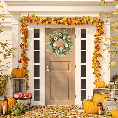AMF0RESJ Artificial Fall Wreaths for Front Door Autumn Pumpkin Wreath with Pumpkin,Berry,Mixed Leaves for Farmhouse Indoor Outdoor Porch Window Wall Door Decoration - Image 5