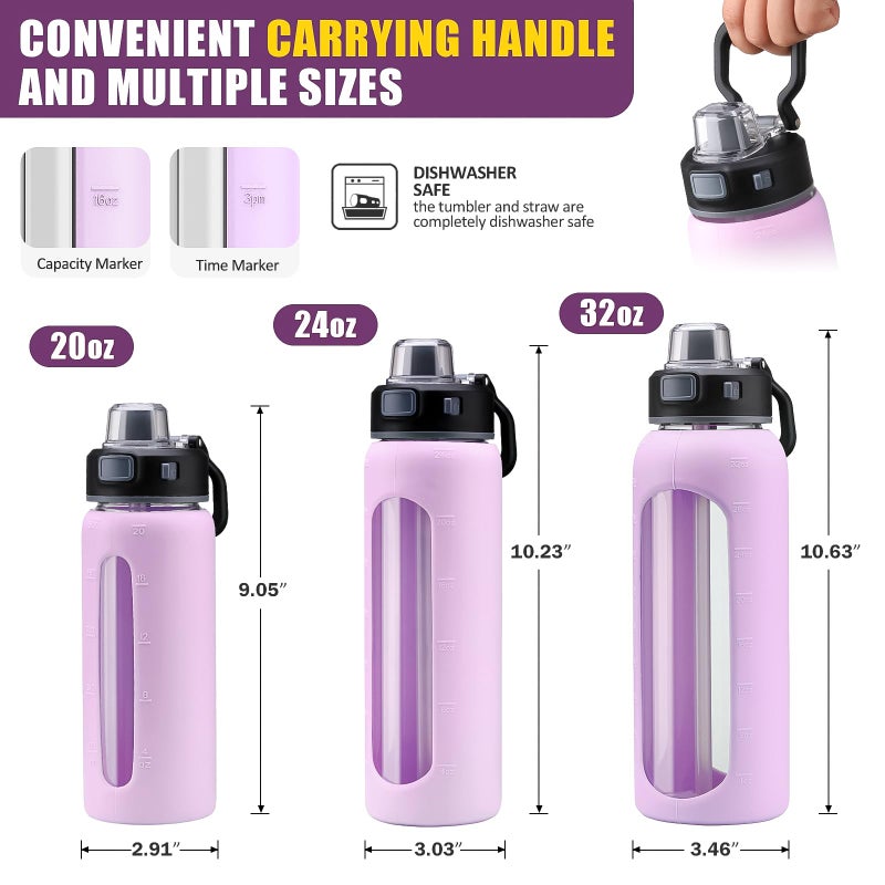 Kodrine 24oz Glass Water Bottle With Straw-2 lids-Reusable Daily Water Intake Glass Bottle with Measurements,Silicone Sleeve, Time Marker, Cupholder Friendly for Home,Gym,Sports-Light Purple - Image 3