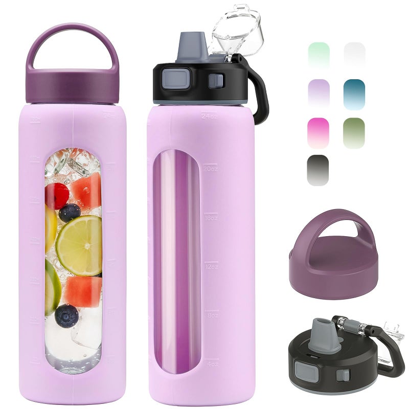Kodrine 24oz Glass Water Bottle With Straw-2 lids-Reusable Daily Water Intake Glass Bottle with Measurements,Silicone Sleeve, Time Marker, Cupholder Friendly for Home,Gym,Sports-Light Purple - Image 1