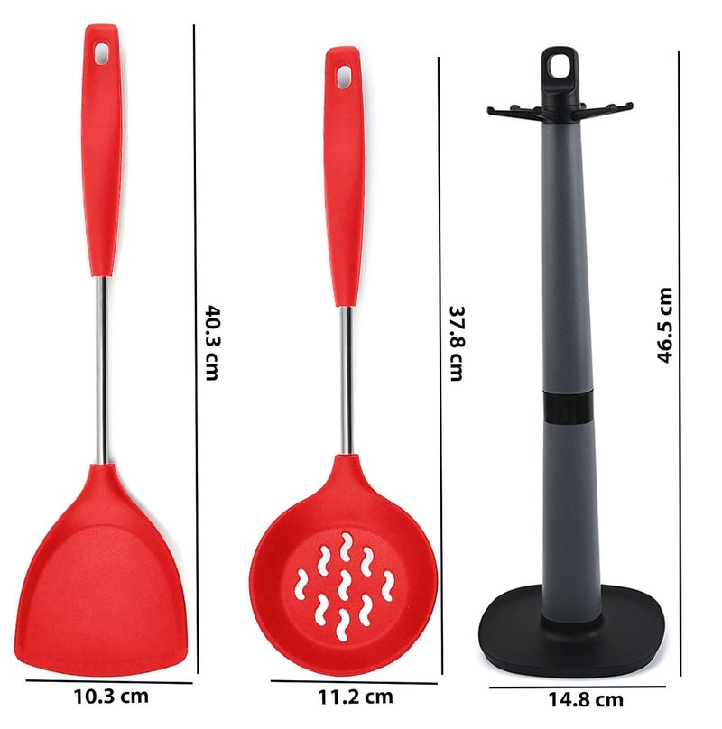P Plus Fire Skimmer Spoon for Frying Oil Separator Spoon Soup Strainer Silicone Spoon Dosa Karandi for Cooking Kitchen Spatula Nonstick Spatula Spatula Stand for Kitchen Set of 3 Red - Image 2