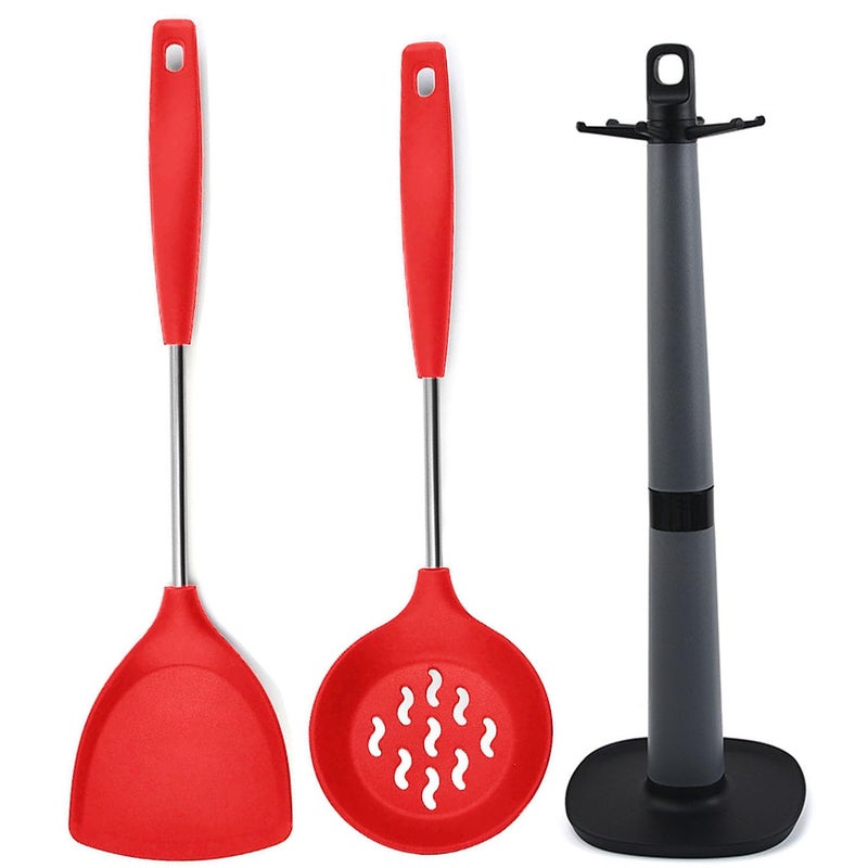 P Plus Fire Skimmer Spoon for Frying Oil Separator Spoon Soup Strainer Silicone Spoon Dosa Karandi for Cooking Kitchen Spatula Nonstick Spatula Spatula Stand for Kitchen Set of 3 Red - Image 1