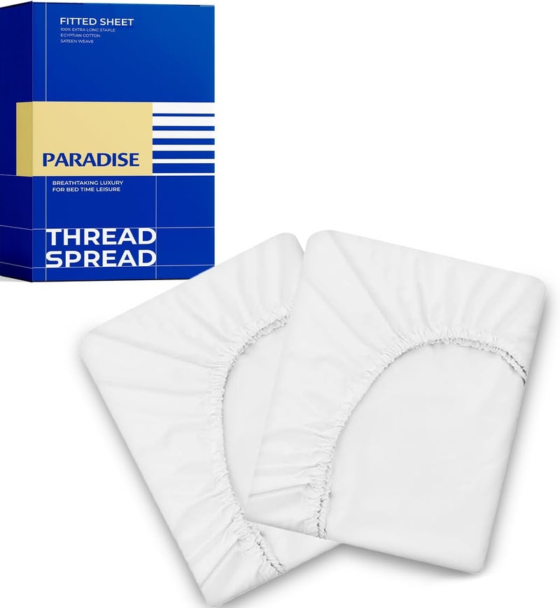 THREAD SPREAD ثريد سبريد شرشف مطاطي فاخر من القطن المصري بحجم كاليفورنيا كينغ - عبوة من 2 - شراشف كال كينغ بيضاء عالية عدد الخيوط بجيوب عميقة، ناعمة ومنعشة بنسيج ساتين - تناسب مرتبة 22 بوصة - Image 1