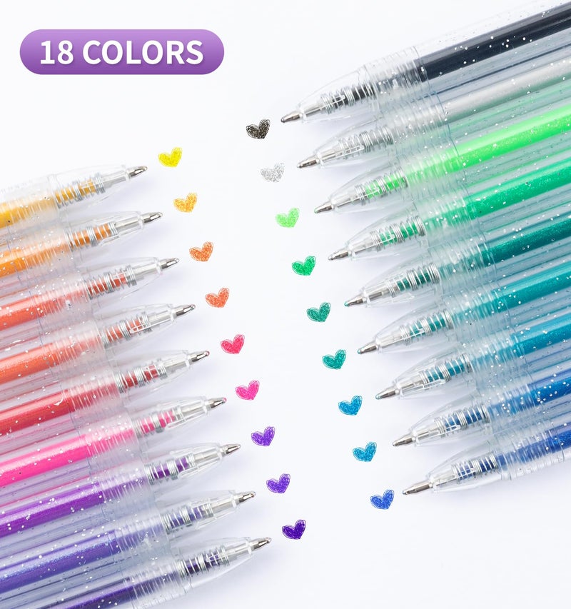Joyask Glitter Gel Pens, 18 Colors Metallic Vibrant Sparkle Pen for Coloring Journaling Drawing Doodling Colored Pen Colored Gel Pens Fun Pens 0.8-1mm - Image 2