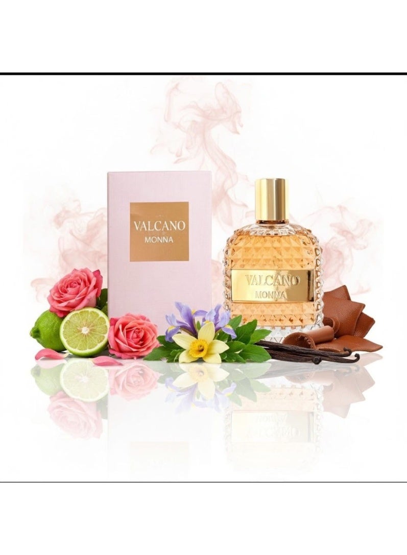 Valcano Monna, with its marbled geometric design and golden cap, is an elegant unisex fragrance in a 100ml bottle.