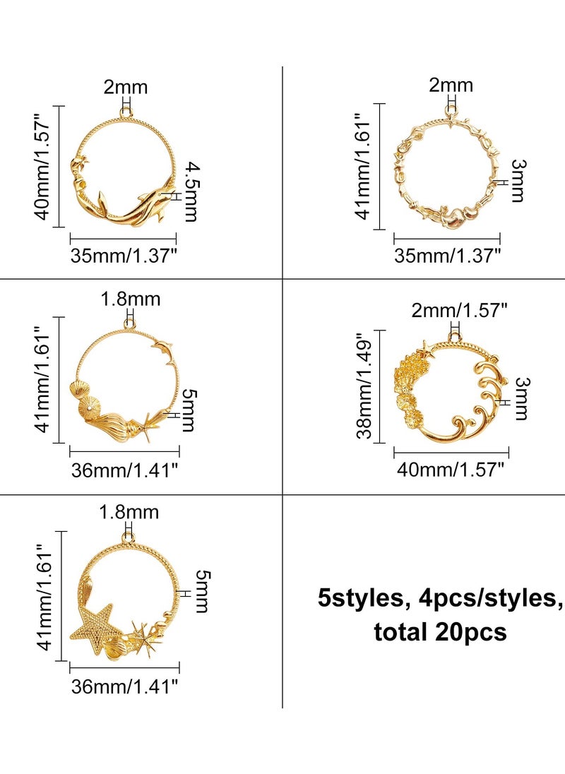 Generic - Sea Theme Open Bezel Charms 5-Style 20pcs Alloy Frame Pendants Color Lasting Hollow Resin Frames with Loop for Resin Jewelry Making - Gold, Sea Theme Open Bezel Charms 20pcs Alloy Frame Pendants - Image 1