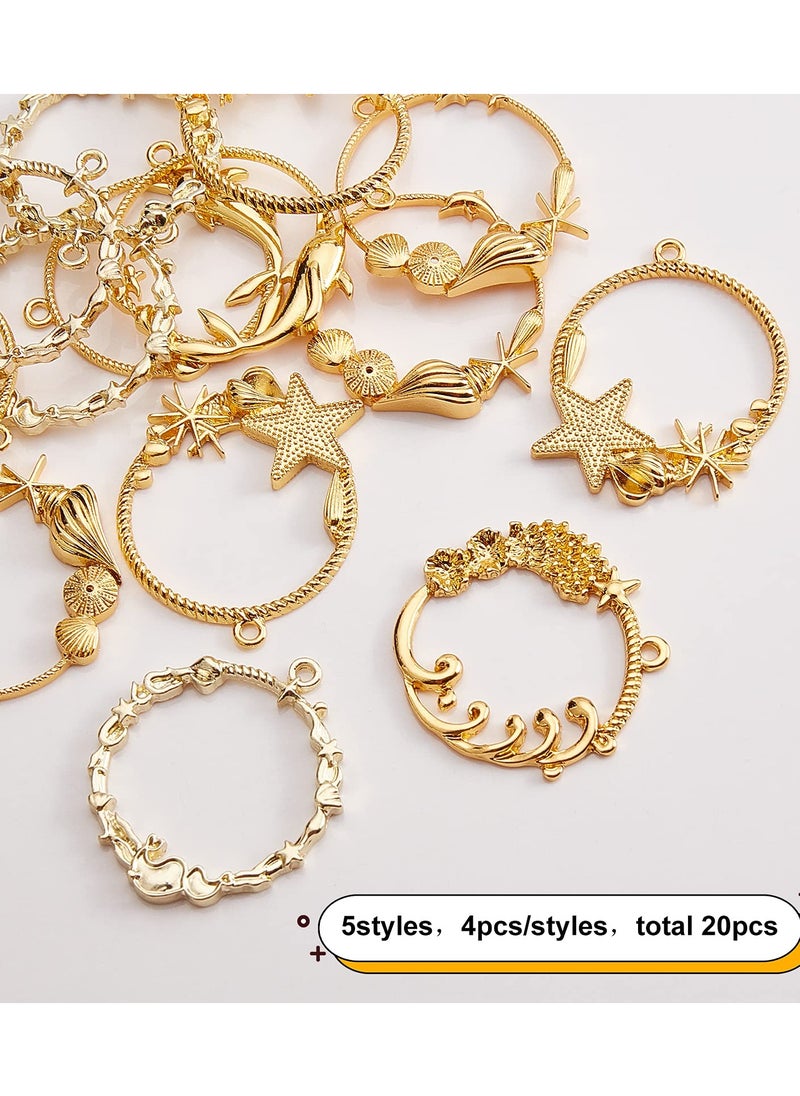 Generic - Sea Theme Open Bezel Charms 5-Style 20pcs Alloy Frame Pendants Color Lasting Hollow Resin Frames with Loop for Resin Jewelry Making - Gold, Sea Theme Open Bezel Charms 20pcs Alloy Frame Pendants - Image 1