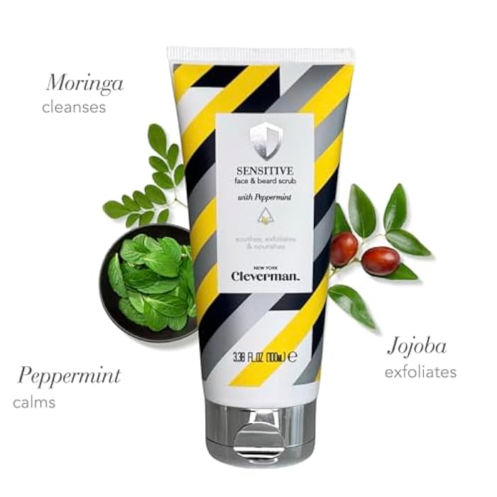 Cleverman Sensitive Face and Beard Scrub for Men, 100ml, Peppermint-Infused Exfoliating Facial Cleanser - Image 3