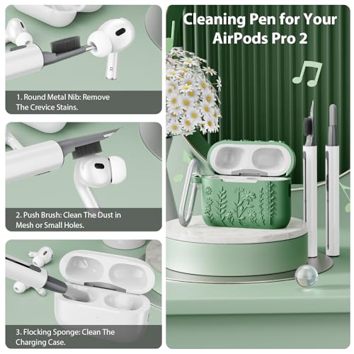 AIRSPO Airpod Pro 2nd Generation Case, 3D Floral Embossed Soft Silicone Protective Cover with Cleaner Kit for Apple Airpods Pro 2nd 1st Gen Case with Keychain (2023/2022), Green - Image 4